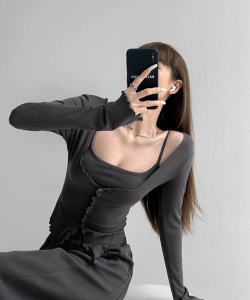 Sibra（シブラ）の「カップ付き2点セットカーデ＆キャミ（Tシャツ/カットソー・レディース・アイボリー/ブラック/ピンク/グレー/ブルー・M）」の16枚目の写真