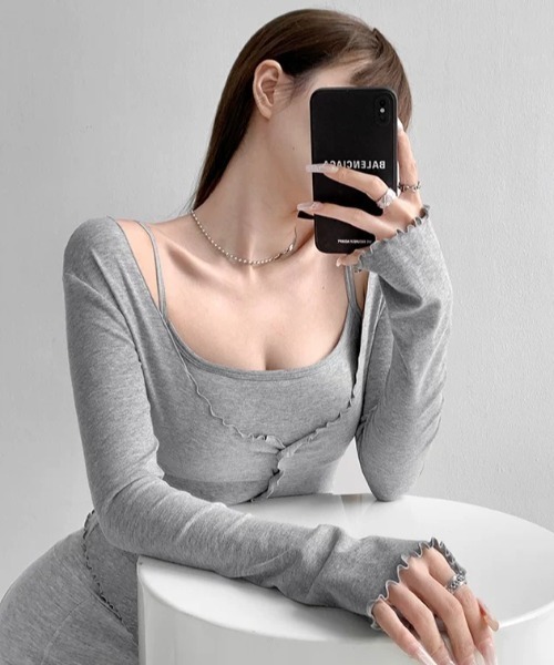 Sibra（シブラ）の「カップ付き2点セットカーデ＆キャミ（Tシャツ/カットソー・レディース・アイボリー/ブラック/ピンク/グレー/ブルー・M）」の17枚目の写真