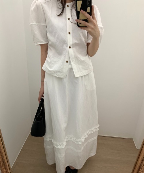 FAVORITO(ファヴォリート)の「2点セットクルーネックトップス+フリルスカート(セットアップ・レディース・ダークブルー/ホワイト・F)」の5枚目の写真