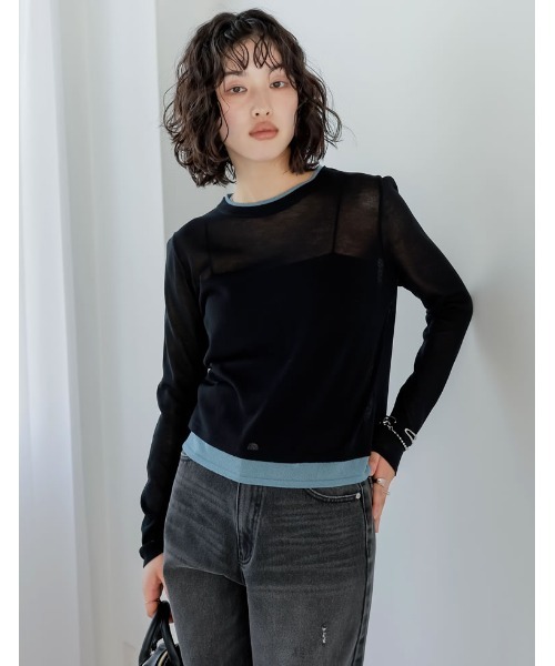Re:EDIT（リエディ）の「[接触冷感]シアーニットレイヤード風トップス（Tシャツ/カットソー・レディース・ブラウン/ピンク/ブルー/チャコールグレー/ブラック・MEDIUM/LARGE）」の2枚目の写真
