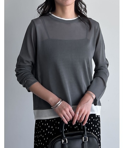 Re:EDIT（リエディ）の「[接触冷感]シアーニットレイヤード風トップス（Tシャツ/カットソー・レディース・ブラウン/ピンク/ブルー/チャコールグレー/ブラック・MEDIUM/LARGE）」の19枚目の写真
