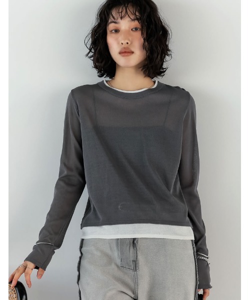 Re:EDIT（リエディ）の「[接触冷感]シアーニットレイヤード風トップス（Tシャツ/カットソー・レディース・ブラウン/ピンク/ブルー/チャコールグレー/ブラック・MEDIUM/LARGE）」の22枚目の写真