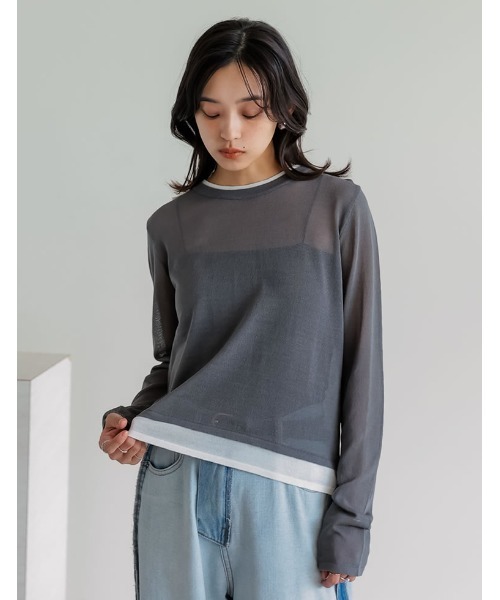 Re:EDIT（リエディ）の「[接触冷感]シアーニットレイヤード風トップス（Tシャツ/カットソー・レディース・ブラウン/ピンク/ブルー/チャコールグレー/ブラック・MEDIUM/LARGE）」の14枚目の写真