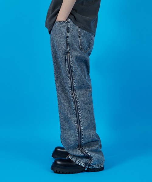 デニムワイドパンツ side line リメイク ジーンズ 「FVLMEN」remake side fringe line wide denim
