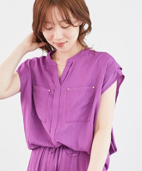 le.coeur blanc（ルクールブラン）の「《手洗い可能》リネンライクフロントポケットシャツ（シャツ/ブラウス・レディース・ダークグレー/ブルー/パープル・38）」の3枚目の写真