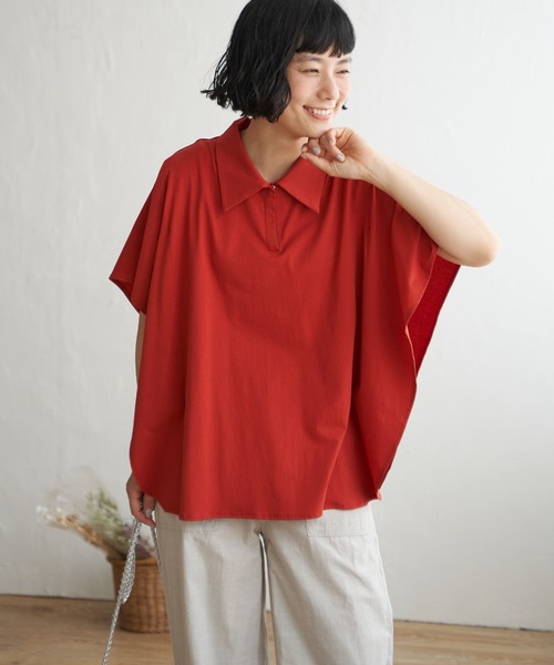 LBC（エルビーシー）の「【体系カバー＆二の腕カバー】シルケット襟付ワンボタンプルオーバー（Tシャツ/カットソー・レディース・ブルー/ブラック/ブラウン系その他/ホワイト/テラコッタ・M）」の4枚目の写真