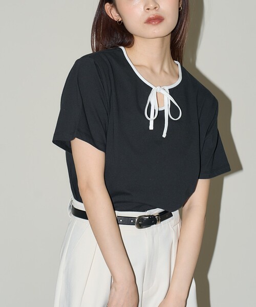 PUBLUX(パブリュクス)の「PUBLUX/パブリュクス リボン リンガーTシャツ 限定展開(Tシャツ/カットソー・レディース・オフホワイト/ブラック/グレー・フリ-)」の3枚目の写真