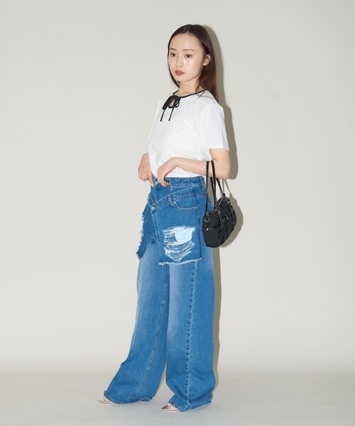 PUBLUX(パブリュクス)の「PUBLUX/パブリュクス リボン リンガーTシャツ 限定展開(Tシャツ/カットソー・レディース・オフホワイト/ブラック/グレー・フリ-)」の8枚目の写真