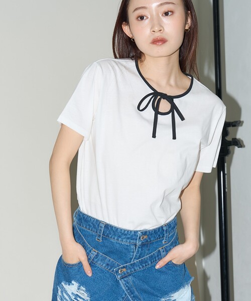 PUBLUX(パブリュクス)の「PUBLUX/パブリュクス リボン リンガーTシャツ 限定展開(Tシャツ/カットソー・レディース・オフホワイト/ブラック/グレー・フリ-)」の10枚目の写真