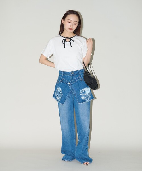 PUBLUX(パブリュクス)の「PUBLUX/パブリュクス リボン リンガーTシャツ 限定展開(Tシャツ/カットソー・レディース・オフホワイト/ブラック/グレー・フリ-)」の11枚目の写真