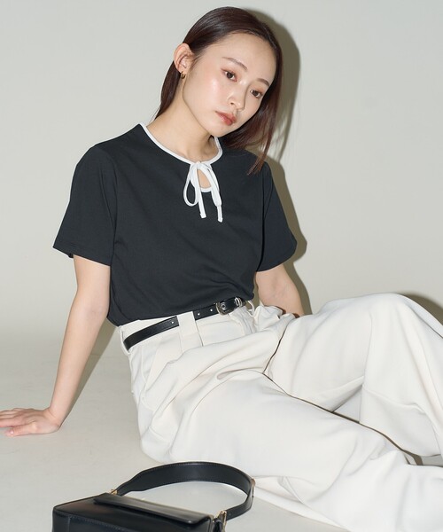 PUBLUX(パブリュクス)の「PUBLUX/パブリュクス リボン リンガーTシャツ 限定展開(Tシャツ/カットソー・レディース・オフホワイト/ブラック/グレー・フリ-)」の13枚目の写真