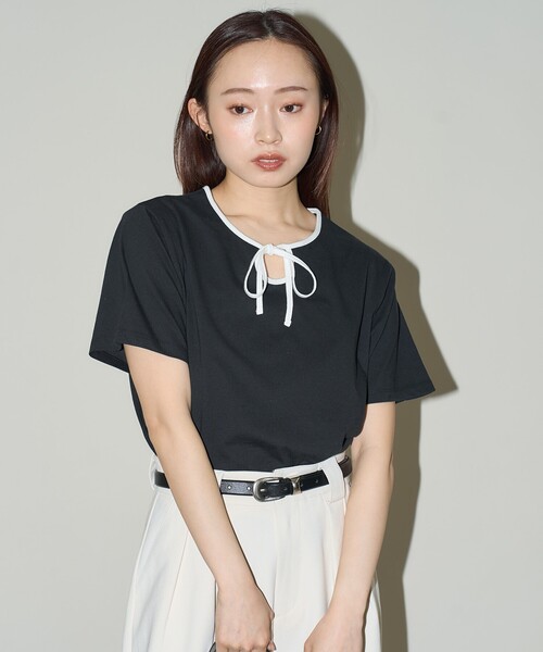 PUBLUX(パブリュクス)の「PUBLUX/パブリュクス リボン リンガーTシャツ 限定展開(Tシャツ/カットソー・レディース・オフホワイト/ブラック/グレー・フリ-)」の14枚目の写真