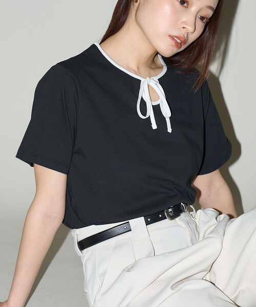 PUBLUX(パブリュクス)の「PUBLUX/パブリュクス リボン リンガーTシャツ 限定展開(Tシャツ/カットソー・レディース・オフホワイト/ブラック/グレー・フリ-)」の22枚目の写真