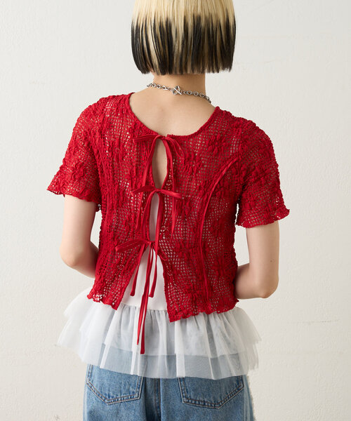 w closet（ダブルクローゼット）の「フラワーメッシュリボンブラウス（シャツ/ブラウス・レディース・アイボリー/ブラック/ブルー系その他/レッド・FREE）」の2枚目の写真