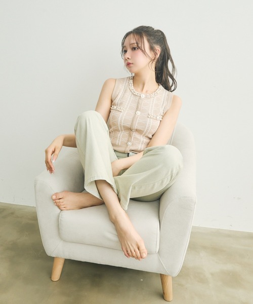 René ノースリーブ セーター 未使用 セール】ビジュー付きチェック柄ノースリーブニット（ニット