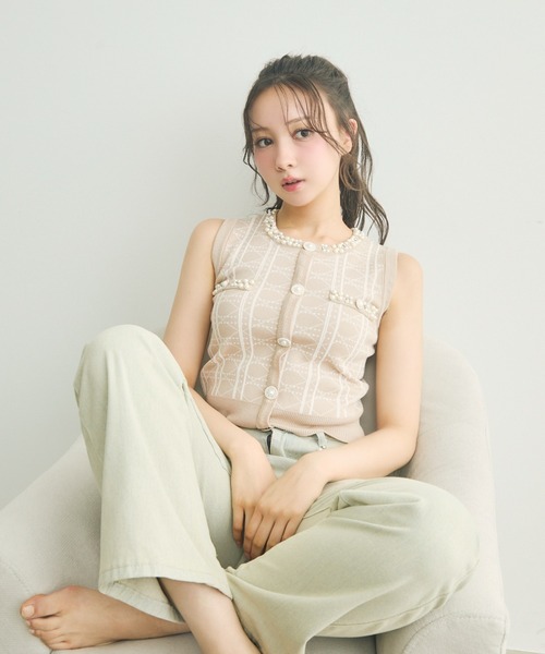 René ノースリーブ セーター 未使用 セール】ビジュー付きチェック柄ノースリーブニット（ニット