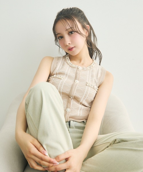 セール】ビジュー付きチェック柄ノースリーブニット（ニット