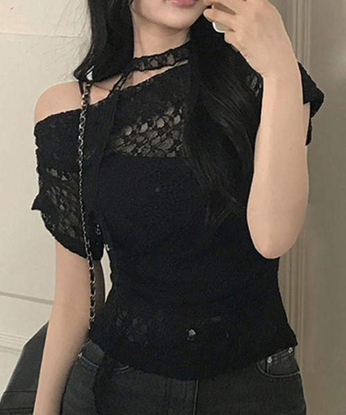 Nia(ニア)の「Nia(ニア)/【タイ付き】 オフショルダー シースルーレーストップス(Tシャツ/カットソー・レディース・ホワイト/ブラック・MEDIUM/SMALL)」の2枚目の写真