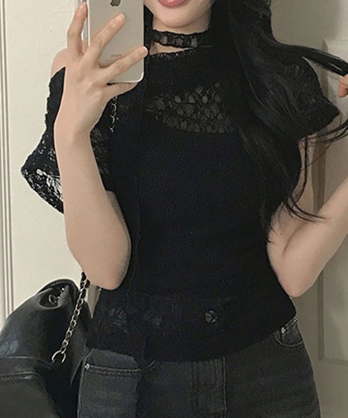 Nia(ニア)の「Nia(ニア)/【タイ付き】 オフショルダー シースルーレーストップス(Tシャツ/カットソー・レディース・ホワイト/ブラック・MEDIUM/SMALL)」の6枚目の写真