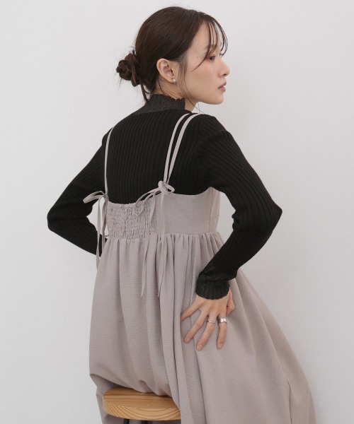 希少色 EMBA エンバ ミンク カットデザイン ギャザースリーブ ハーフ丈 セール】【S・Mサイズ展開】ビスチェライクフレアキャミワンピース