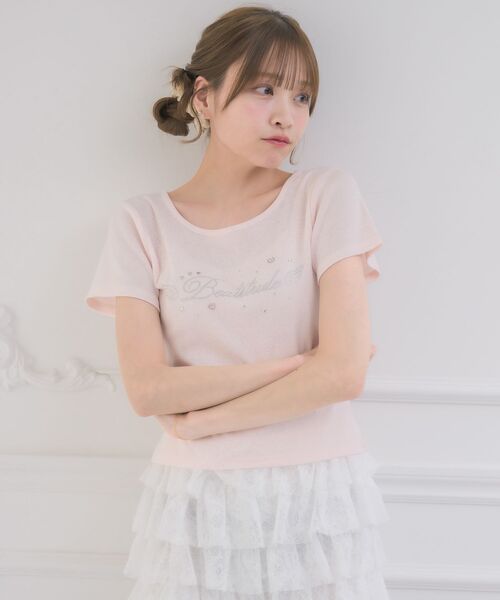 新品 ハートビジューカットソー Tシャツ/カットソー（レッド/赤色系・ビジュー）ファッション