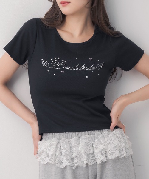 ems excite(エムズエキサイト)の「ビジューモチーフTEE(Tシャツ/カットソー・レディース・オフホワイト/ブラック/ピンク・FREE)」の2枚目の写真