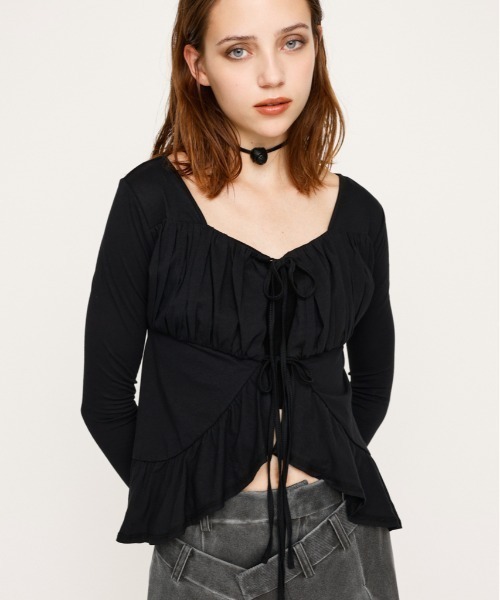 SLY（スライ）の「SQUARE NECK RIBBON TOPS スクエアネック リボン トップス 秋服 長袖 春服（シャツ/ブラウス・レディース・ブラウン/アイボリー/ブラック・FREE）」の2枚目の写真