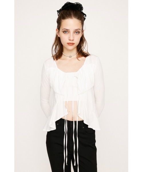 SLY（スライ）の「SQUARE NECK RIBBON TOPS スクエアネック リボン トップス 秋服 長袖 春服（シャツ/ブラウス・レディース・ブラウン/アイボリー/ブラック・FREE）」の5枚目の写真