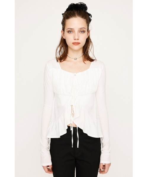 SLY（スライ）の「SQUARE NECK RIBBON TOPS スクエアネック リボン トップス 秋服 長袖 春服（シャツ/ブラウス・レディース・ブラウン/アイボリー/ブラック・FREE）」の6枚目の写真