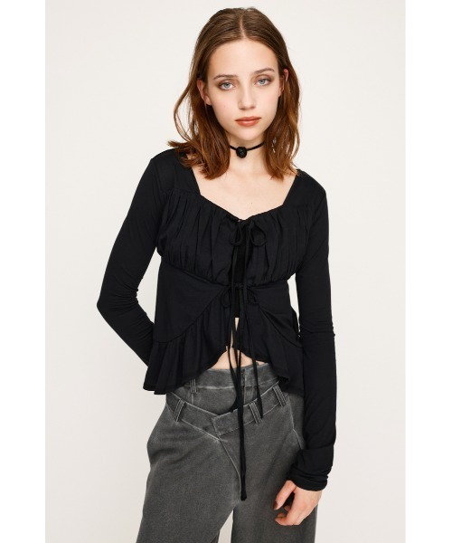 SLY（スライ）の「SQUARE NECK RIBBON TOPS スクエアネック リボン トップス 秋服 長袖 春服（シャツ/ブラウス・レディース・ブラウン/アイボリー/ブラック・FREE）」の7枚目の写真