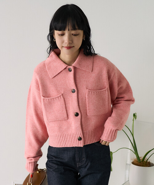 セール】襟付き ポケットショートニットカーディガン/クロップド丈