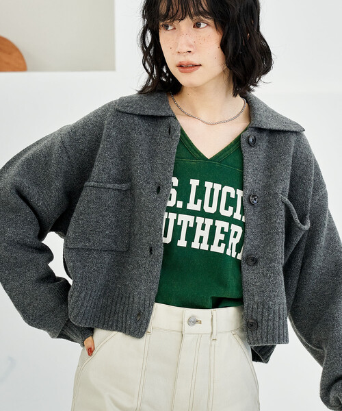 襟付き ポケットショートニットカーディガン/クロップド丈ニット/ポロ