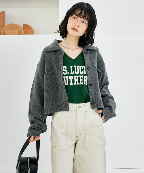 襟付き ポケットショートニットカーディガン/クロップド丈ニット