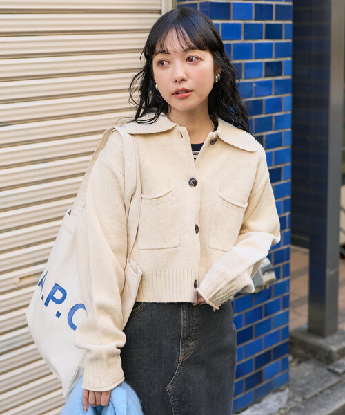 襟付き ポケットショートニットカーディガン/クロップド丈ニット
