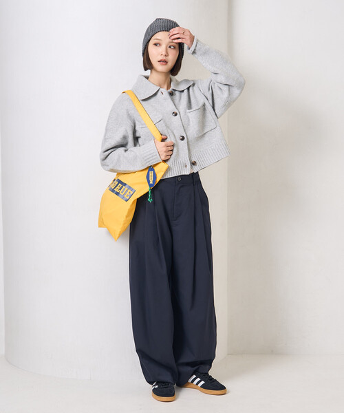 襟付き ポケットショートニットカーディガン/クロップド丈ニット