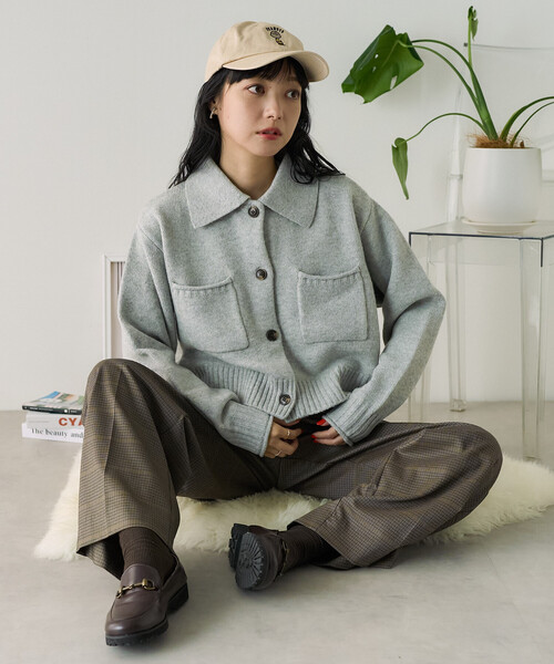 襟付き ポケットショートニットカーディガン/クロップド丈ニット/ポロ