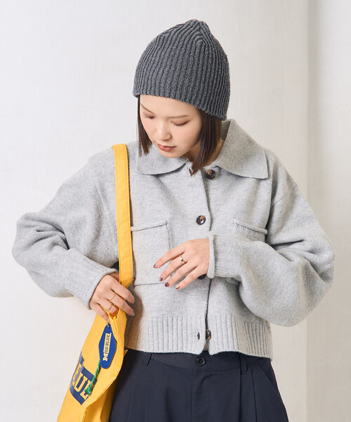 セール】襟付き ポケットショートニットカーディガン/クロップド丈
