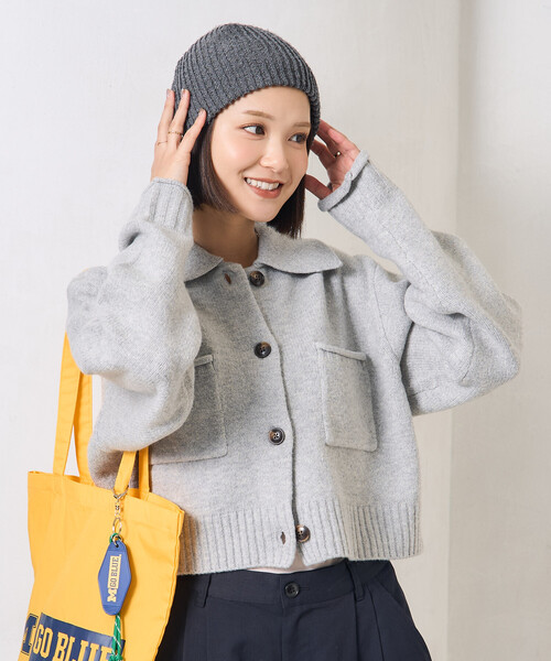 襟付き ポケットショートニットカーディガン/クロップド丈ニット/ポロ