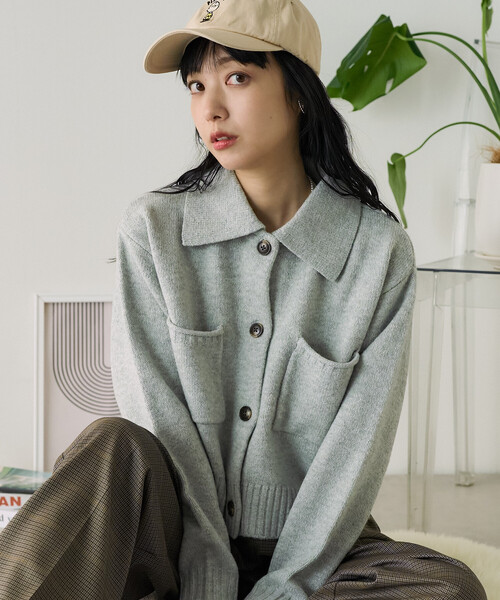 襟付き ポケットショートニットカーディガン/クロップド丈ニット/ポロ