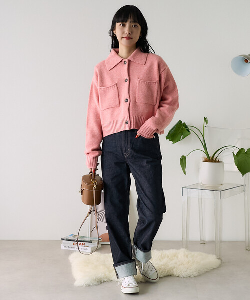 襟付き ポケットショートニットカーディガン/クロップド丈ニット/ポロ