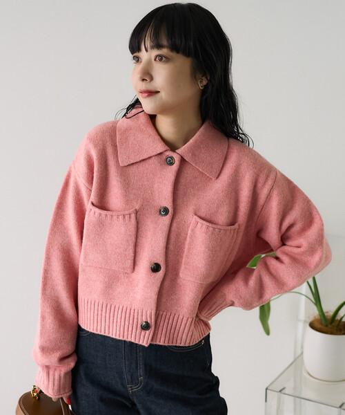 セール】襟付き ポケットショートニットカーディガン/クロップド丈
