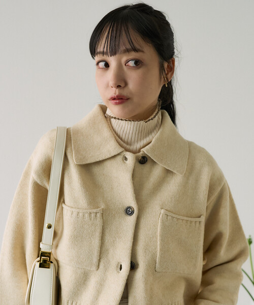 セール】襟付き ポケットショートニットカーディガン/クロップド丈