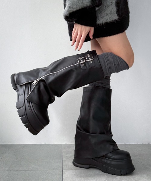 ブラックデザイン厚底メタルブーツ Y2K ロングブーツ　25cm ブラックデザイン厚底メタルブーツ Y2K ロングブーツ 25cm 楽天市場