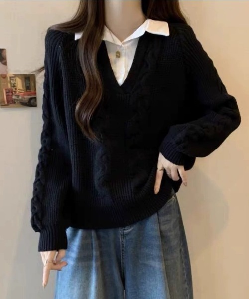 ampm（エーエムピーエム）の「シャツレイヤード風 ケーブルニットプルオーバー（ニット/セーター・レディース・ホワイト/ブラック/グレー・M/L）」の3枚目の写真