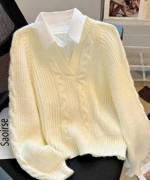 ampm（エーエムピーエム）の「シャツレイヤード風 ケーブルニットプルオーバー（ニット/セーター・レディース・ホワイト/ブラック/グレー・M/L）」の6枚目の写真