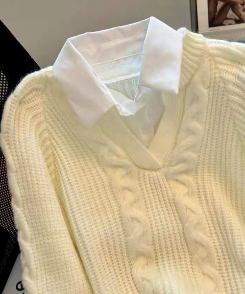 ampm（エーエムピーエム）の「シャツレイヤード風 ケーブルニットプルオーバー（ニット/セーター・レディース・ホワイト/ブラック/グレー・M/L）」の7枚目の写真