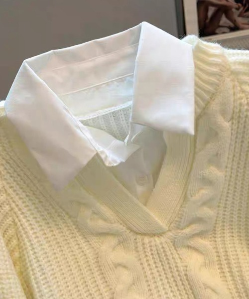 ampm（エーエムピーエム）の「シャツレイヤード風 ケーブルニットプルオーバー（ニット/セーター・レディース・ホワイト/ブラック/グレー・M/L）」の12枚目の写真