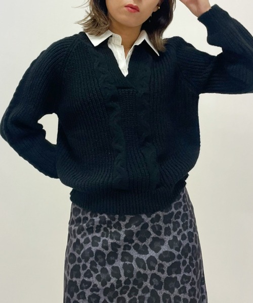 ampm（エーエムピーエム）の「シャツレイヤード風 ケーブルニットプルオーバー（ニット/セーター・レディース・ホワイト/ブラック/グレー・M/L）」の16枚目の写真