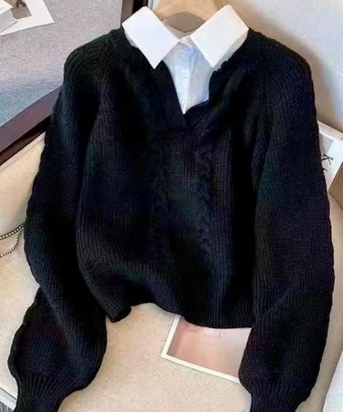 ampm（エーエムピーエム）の「シャツレイヤード風 ケーブルニットプルオーバー（ニット/セーター・レディース・ホワイト/ブラック/グレー・M/L）」の21枚目の写真