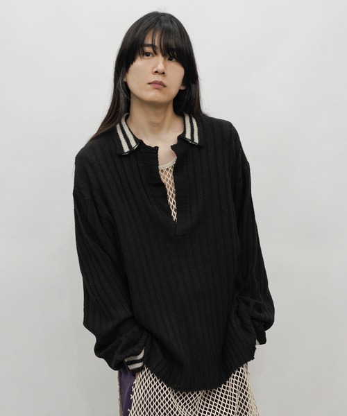 Aphlotus（アプロタス）の「オーバーサイズポロニット（ポロシャツ・メンズ・グレー/ブラック・MEDIUM/SMALL/LARGE）」の2枚目の写真